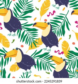 Toucan bird, palm leaves and feathers colorful seamless pattern
