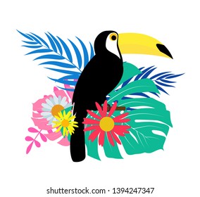 Toucan bird with palm leaves on white background. Vector Illustration EPS10