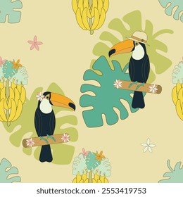 Toucan bird with Panama hat tropical surface design. Tropical paradise seamless pattern. Hand drawn 100 % vector.