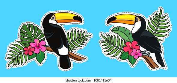 Toucan bird patches. Vector illustration of toucan sitting on a branch with tropical leaves and flowers of hibiscus. Cute colorful stickers of toucan