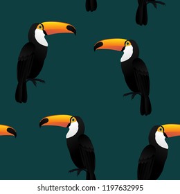 Toucan bird pattern seamless on dark green background for Fabric prints, Pillowcase , Packaging wrapping website background, wallpaper and textile fabric print. Vector illustration.