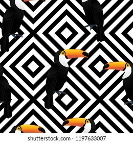 Toucan bird pattern seamless on black and white geometric background for Fabric prints, Pillowcase , Packaging wrapping website background, wallpaper and textile fabric print. Vector illustration.