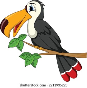 toucan bird perched on a tree trunk that has green leaves
