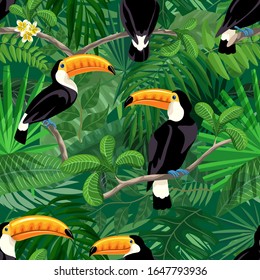 toucan bird in the rainforest. seamless background