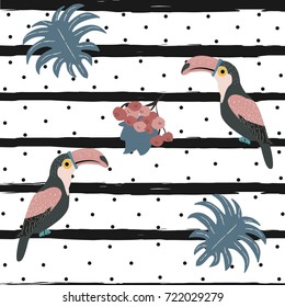 Toucan Bird Seamless pattern with black stripes and dots. Hand Drawn. Vector Illustration.