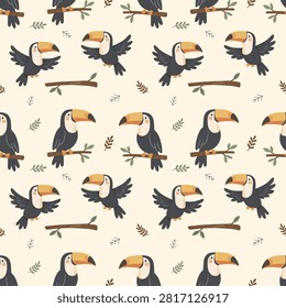 Toucan Bird Seamless Pattern, Kawaii Cute Tropical Jungle Animal Cartoon Background with Tree Branch Leaf Illustration, Minimalist Muted Earth Tones Nursery Kids Repeatable Surface Wallpaper