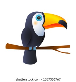 Toucan bird sitting on branch. Tropical forest bird with bright beak. Can be used for topics like animal, nature, habitat 