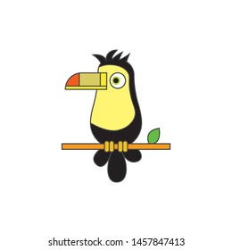 Toucan bird sitting on branch cartoon icon, vector on a white background