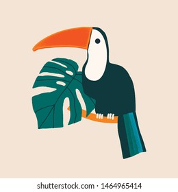 Toucan bird sitting on the branch in the jungle illustration in vector. 