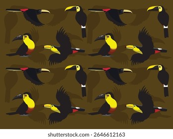 Toucan Bird Species Flying Poses Cartoon Personagem Papel de Parede Sem Costura Fundo
