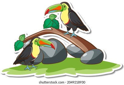 Toucan bird standing on a branch sticker illustration