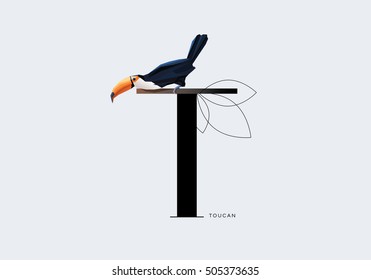 Toucan bird standing on top of letter T initial, decorated in minimal style