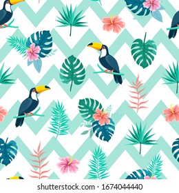 Toucan bird with tropical flowers and palm leaves on a background of blue stripes. Summer seamless pattern with geometric elements.