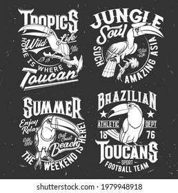 Toucan bird t-shirt retro print template. Football sport team, tropical wildlife and summer leisure apparel custom vector print with animal mascot, great and rhinoceros toucans, grungy typography