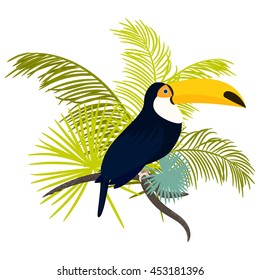 Toucan bird vector illustration for tshirt apparel design. Exotic bird sitting on branch with tropic palm leaves composition. Shirt vector design.