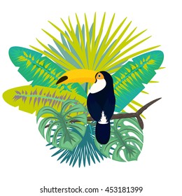 Toucan bird vector illustration for tshirt apparel design. Exotic bird sitting on branch with tropic palm leaves composition. Shirt vector design. Jungle leaves bouquet.