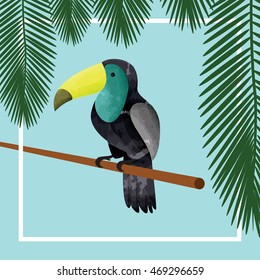 Toucan bird vector. Tropical background with exotic bird and palm tree leaves. 