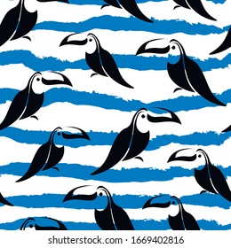 Toucan , birds , animal , fashion vector seamless pattern with waves . Concept for wallpaper, wrapping paper, cards 