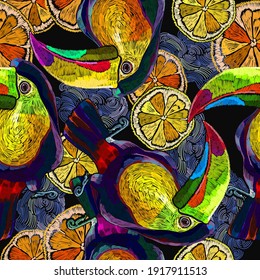 Toucan birds, lemon slice seamless pattern. Tropical night. Embroidery art. Jungle paradise background. Fashionable template for design of clothes, textiles 