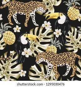 Toucan birds, leopard animals, pineapples, monstera palm leaves, plumeria flowers, black background. Vector seamless pattern. Tropical illustration. Exotic summer beach design. Paradise nature 