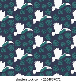Toucan birds and monstera leaves seamless pattern vector