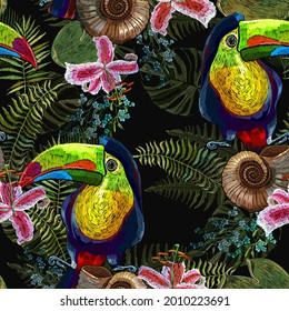 Toucan birds, orchid flowers and palm leaves seamless pattern. Embroidery art. Jungle paradise background. Fashionable template for design of clothes, textiles 