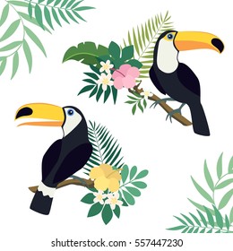 Toucan birds with palm leaves, hibiscus, exotic flowers set