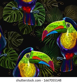 Toucan birds and palm leaves seamless pattern. Embroidery art. Jungle paradise background. Fashionable template for design of clothes, textiles 