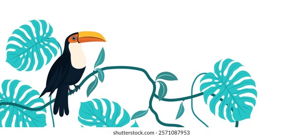 Toucan birds vector background, hand drawn in flat style. Black tropical animal nature with palm floral elements and monstera. Hawaiian wildlife set, for print, decor