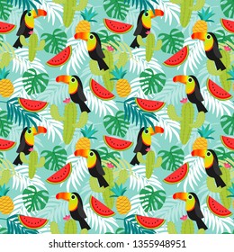 Toucan birds,tropical leafs and exotic fruit seamless pattern. Summer forest concept.