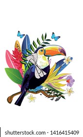 Toucan with a bow tie with butterflies. Series of Summer banner with tropical leaves and animals. Hand drawn vector illustration.