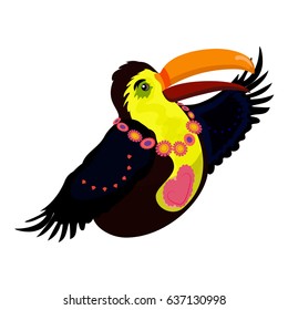 Toucan in a bright necklace. Exotic bird in cartoon style 