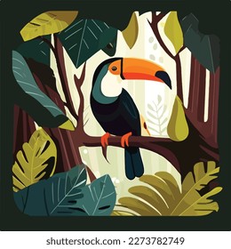 Toucan in the canopy of the rainforest. Tropical rainforest birds and animals. Flat vector illustration concept