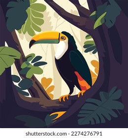 Toucan in the canopy of the rainforest. Tropical rainforest birds and animals. Flat vector illustration concept