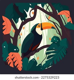 Toucan in the canopy of the rainforest. Tropical rainforest birds and animals. Flat vector illustration concept