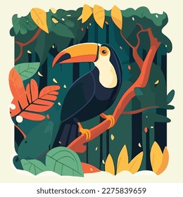 Toucan in the canopy of the rainforest. Tropical rainforest birds and animals. Flat vector illustration concept