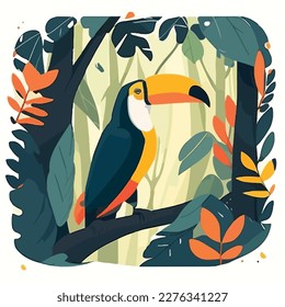 Toucan in the canopy of the rainforest. Tropical rainforest birds and animals. Flat vector illustration concept