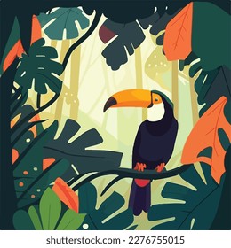 Toucan in the canopy of the rainforest. Tropical rainforest birds and animals. Flat vector illustration concept