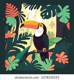 Toucan in the canopy of the rainforest. Tropical rainforest birds and animals. Flat vector illustration concept