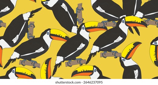 Cartoon tucano. Ilustração de vetor. Padrão contínuo Wallpaper.Yellow fundo.