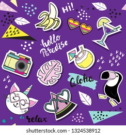 Toucan, cat unicorn, banana and summer items on a purple background seamless pattern