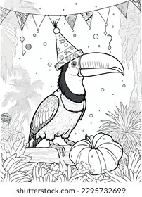 Toucan celebrate happy birthday vector coloring book black and white for kids isolated line art on white background.