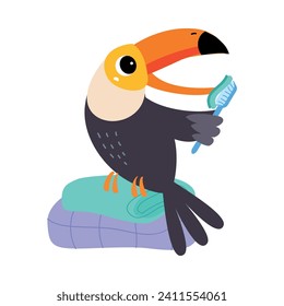Toucan Character Brushing Teeth with Toothbrush as Hygiene Vector Illustration