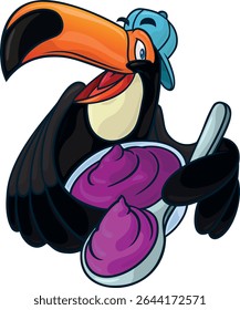 PERSONAGEM TUCANO COM BONÉ COMENDO AÇAI DE UMA TIGELA