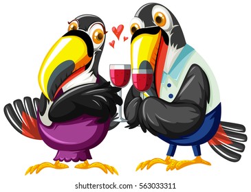 Toucan couples drinking wine illustration