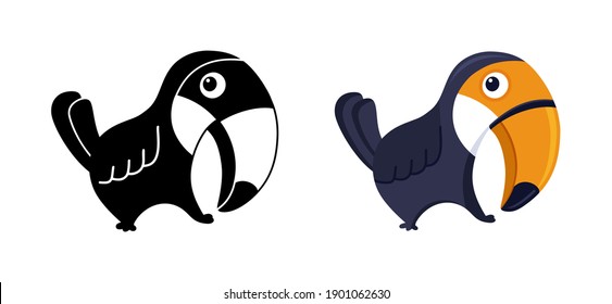 Toucan. Cute Cartoon Charakter. Set von schwarzer Silhouette und farbiger flacher Vogel. Tropisch blauer Papagei mit großem orangefarbenem Schnabel. Einzige Vektorgrafik für Kinder, weißer Hintergrund