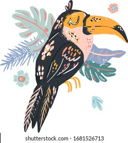 Toucan cute doodle hand drawn flat vector illustration. Wild rainforest animal vector poster floral background.Grass branches with leaves, flowers and spots design element. Tropical jungl. 