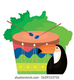toucan and drum with map of brazil vector illustration design