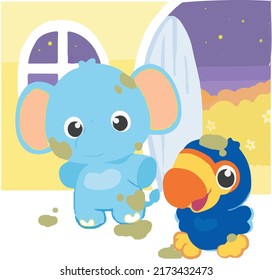 Toucan and elephant back home at night, they were so dirty