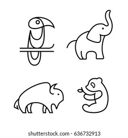 Toucan, elephant, buffalo and panda logo in line style. Vector outline animal logotype set isolated on white background. 